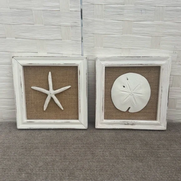 Coastal Starfish & Sand Dollar Wall Art Set Rustic Beach Decor Burlap Background - Picture 1 of 6